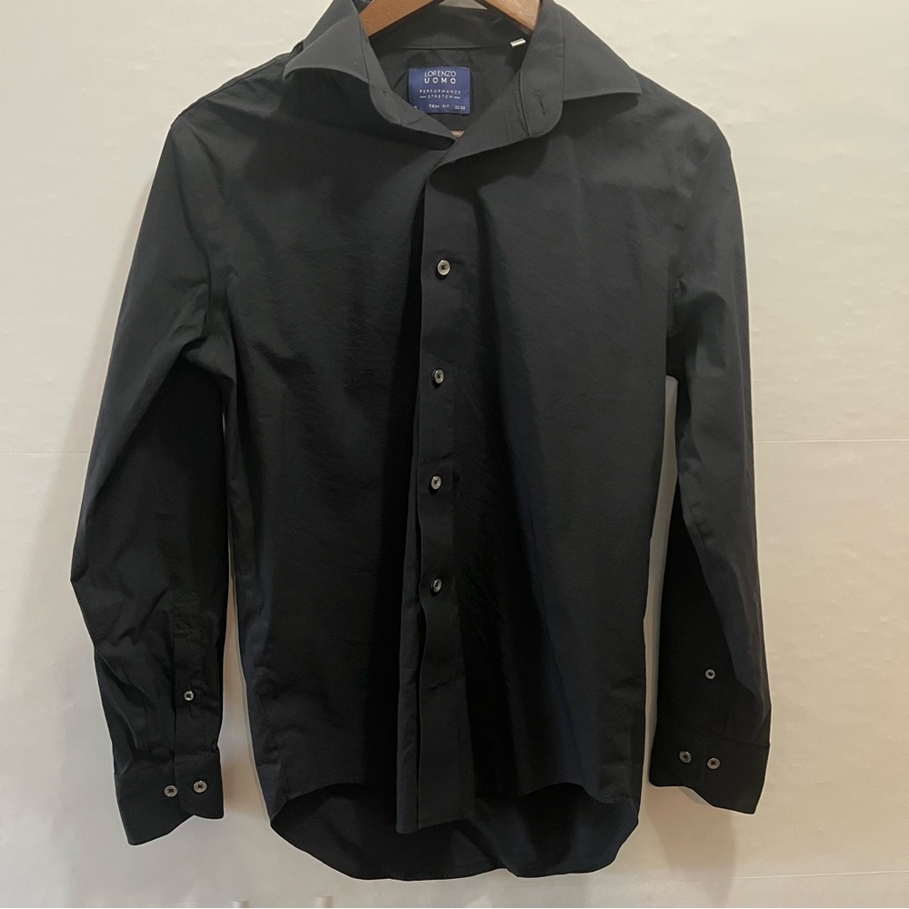 Lorenzo Uomo Performance Stretch Trim Fit Black Men's Dress Shirt 16.5 32/33